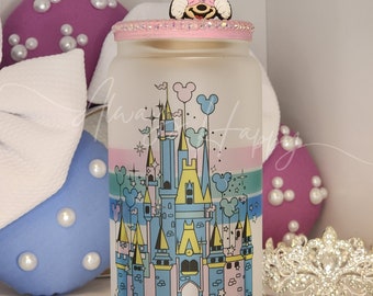 Castle Glass Can, Iced Coffee Cup w/ Lid & Straw, Disney Castle Glass Cup, Disney Spring Tumbler for her, Fit for a princess