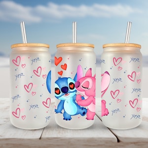 Stitch and Angel Glass Can, Iced Coffee Cup w/ Lid & Straw, Disney Mansion Glass Cup, Disney Spring Tumbler for her, Fit for a princess