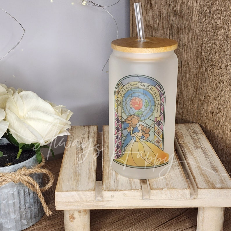 Beauty and the Beast Glass Can, Iced Coffee Cup W/ Lid & Straw, Disney