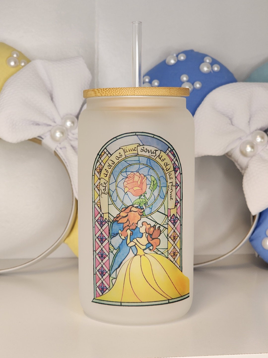 Beauty and the Beast Glass Can, Iced Coffee Cup W/ Lid & Straw, Disney
