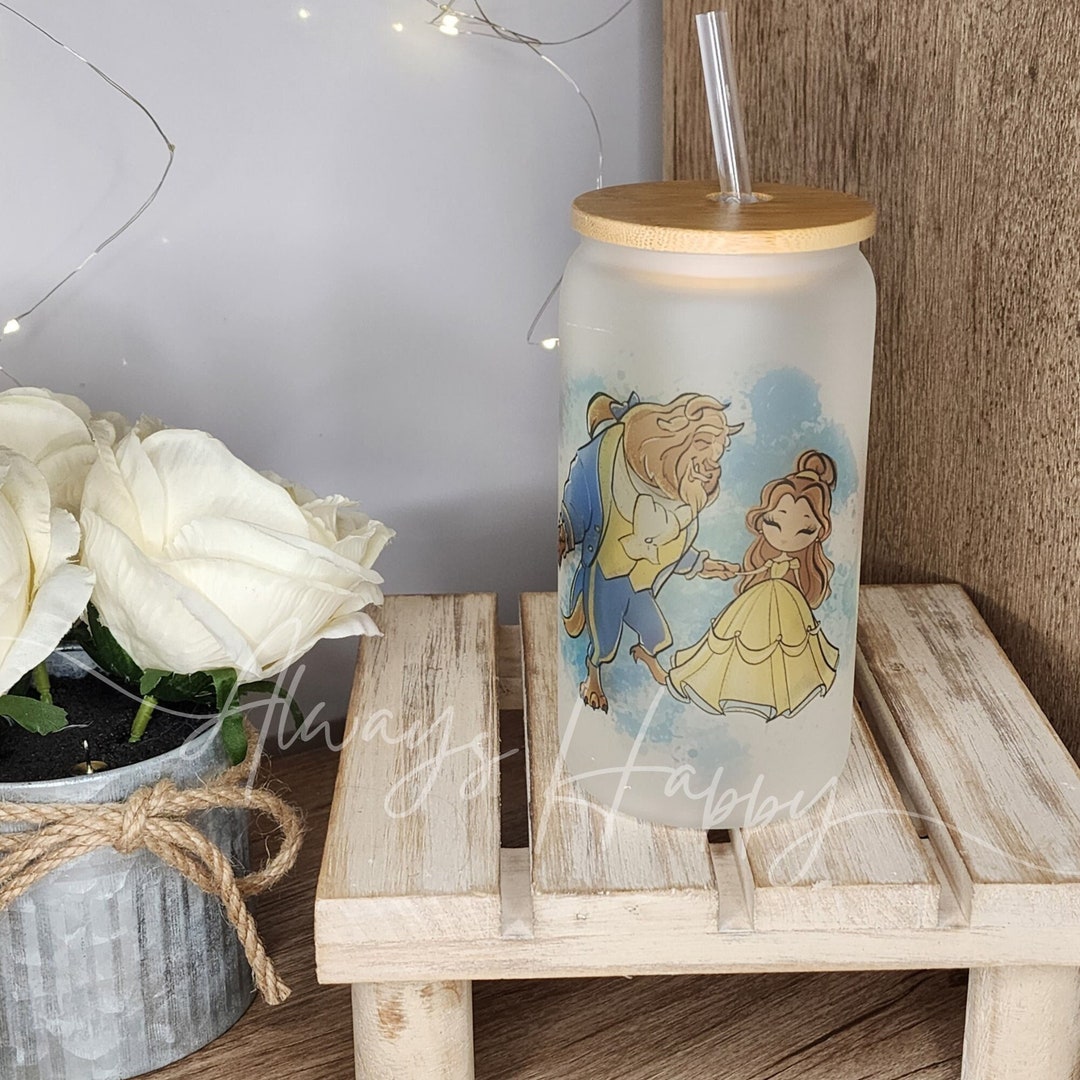 Beauty and the Beast Glass Can, Iced Coffee Cup W/ Lid & Straw, Disney