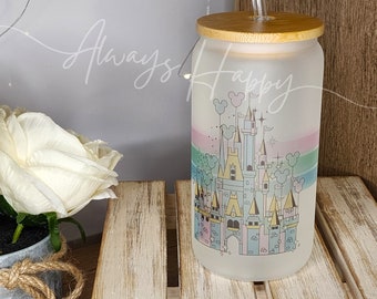 Castle Glass Can, Iced Coffee Cup w/ Lid & Straw, Disney Castle Glass Cup, Disney Spring Tumbler for her, Fit for a princess