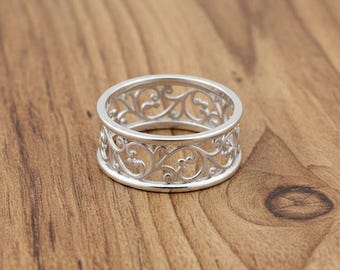 Duitse zilveren werveling filigraanring, ingewikkelde scroll statement band, vintage boho opengewerkte ambachtelijke sieraden cadeau, nieuwjaar sieraden