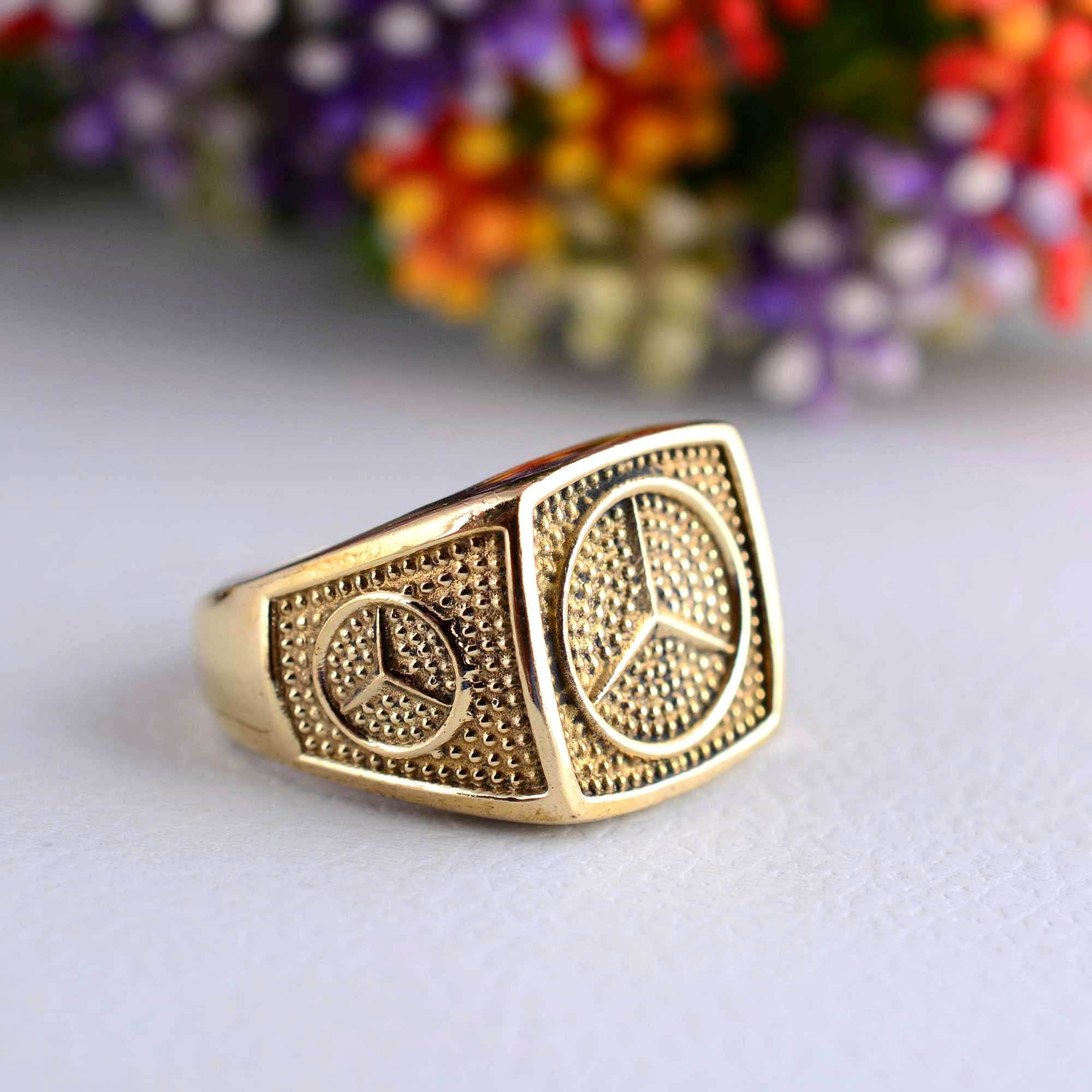 10K Yellow Gold Mercedes Benz Ring for Men CZ Ring - Etsy