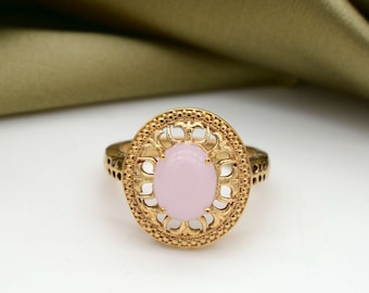 Anillo de cuarzo rosa natural, anillo ovalado con piedra preciosa chapado en oro de 18 quilates, anillo llamativo de filigrana vintage, joyería de cristal, regalo de boda.