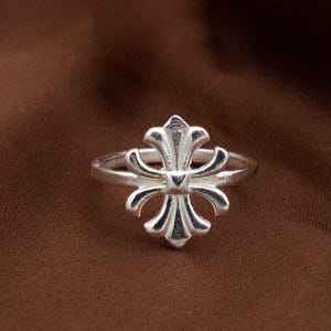 Anillo de cruz de flor de lis, cruz con estilo victoriano, anillo floral, anillo de plata de ley, regalos.