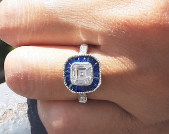 Art Deco Vintage Ring, Halo Engagement Ring, Blue Sapphire Channel Set Ring, Vintage Style Estate Ring, Accher Cut Diamond Cz Silver Ring