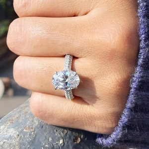 Oval Cut Cubic Zirconia Engagement Ring, Round Cut Hidden Halo Wedding Ring, Micro Pave Solitaire Women Silver Ring, Anniversary Gift Her