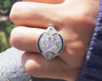 Anillo Art Déco de zafiro azul y circonita cúbica, plata de ley 925
