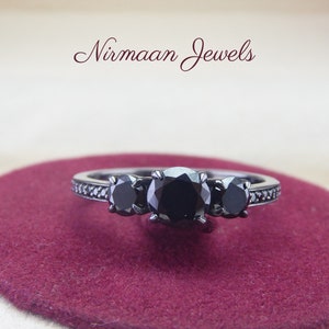 Black Diamond Ring, Three Stone Engagement Ring, Past Present Future 925 Sterling Silver Ring, 3 Stone Cubic Zirconia Ring, Gift For Women