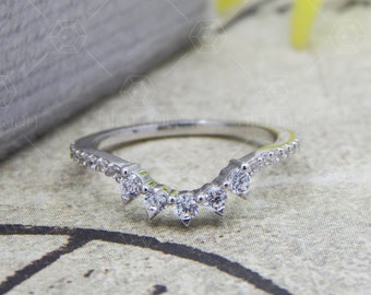 Curved Tiara Crown Wedding Band, Minimalist 925 Sterling Silver Ring, Cubic Zirconia Round Cut Jewelry