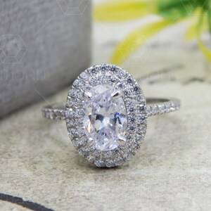 Oval Cut Engagement Ring, Double Halo Oval Cut Diamond Moissanite Ring Women, 2.00 Carat Oval Ring, Diamond Simulant   Micro Pave Ring