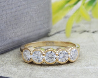 Five Stone CZ Ring, 925 Sterling Silver, Yellow Rhodium Plated