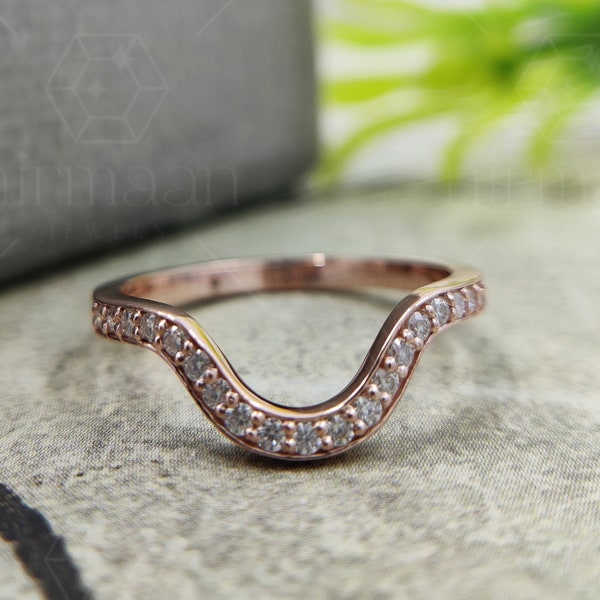 Round Cut Curved Wedding Band Women, Round Cut Cubic Zirconia Band Women, 925 Sterling Silver Rose Gold Matching Curved Band, V Band Women