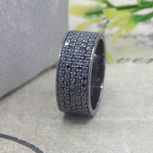 Black Diamond Simulant Wedding Band, Micro Pave Round Cut Lab Diamond Ring, Unisex Ring, Full Eternity Band Ring For Men&#39;s And Women&#39;s