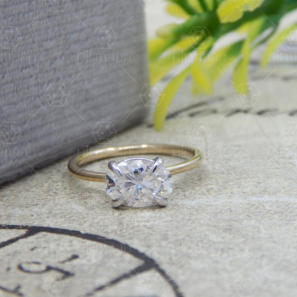 Solitaire Engagement Ring, East West Oval Cut Solitaire Womens Ring, Cubic Zirconia Ring, Two Tone Diamond Ring, Promise Ring, Gift For Her