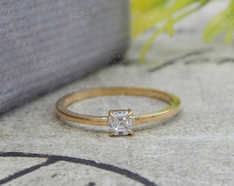 Asscher Cut Solitaire Engagement Ring, Thin Solitaire Sterling Silver Ring, Cubic Zirconia Ring, Simulant Ring, Promise Ring, Gift For Her