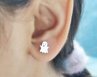 Sterling Silver Ghost Stud Earrings, Spooky Halloween Jewelry