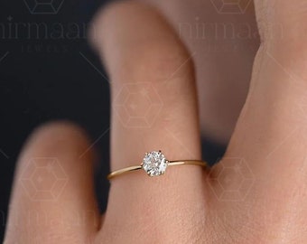 Minimalist Thin Solitaire Ring, 0.50Ct Round Moissanite Engagement  Women, 925 Sterling Silver Dainty Promise Jewelry