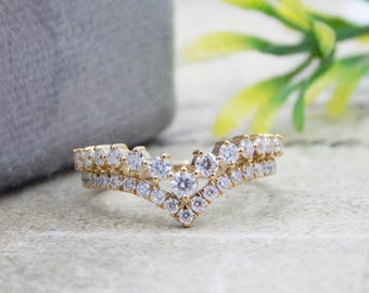 Moissanite Tiara Crown Ring, Princess 925 Sterling Silver Chevron Ring