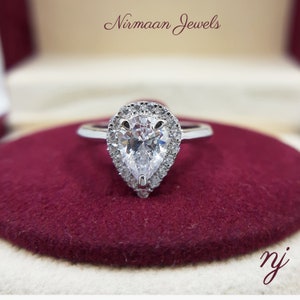 Pear Cut Halo Engagement Ring Women, Pear Shape Diamond Wedding Ring, 925 Sterling Silver Halo Women&#39;s Ring, Anniversary Gift For Her