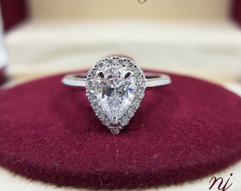 Pear Cut Halo Ring, Cubic Zirconia, 925 Sterling Silver
