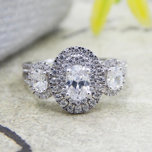 Three Stone Halo Engagement Ring, 3 Stone Oval Cut Lab Diamond Wedding Ring, Split Shank Diamond Simulant Ring Women, Halo 925 Silver Ring