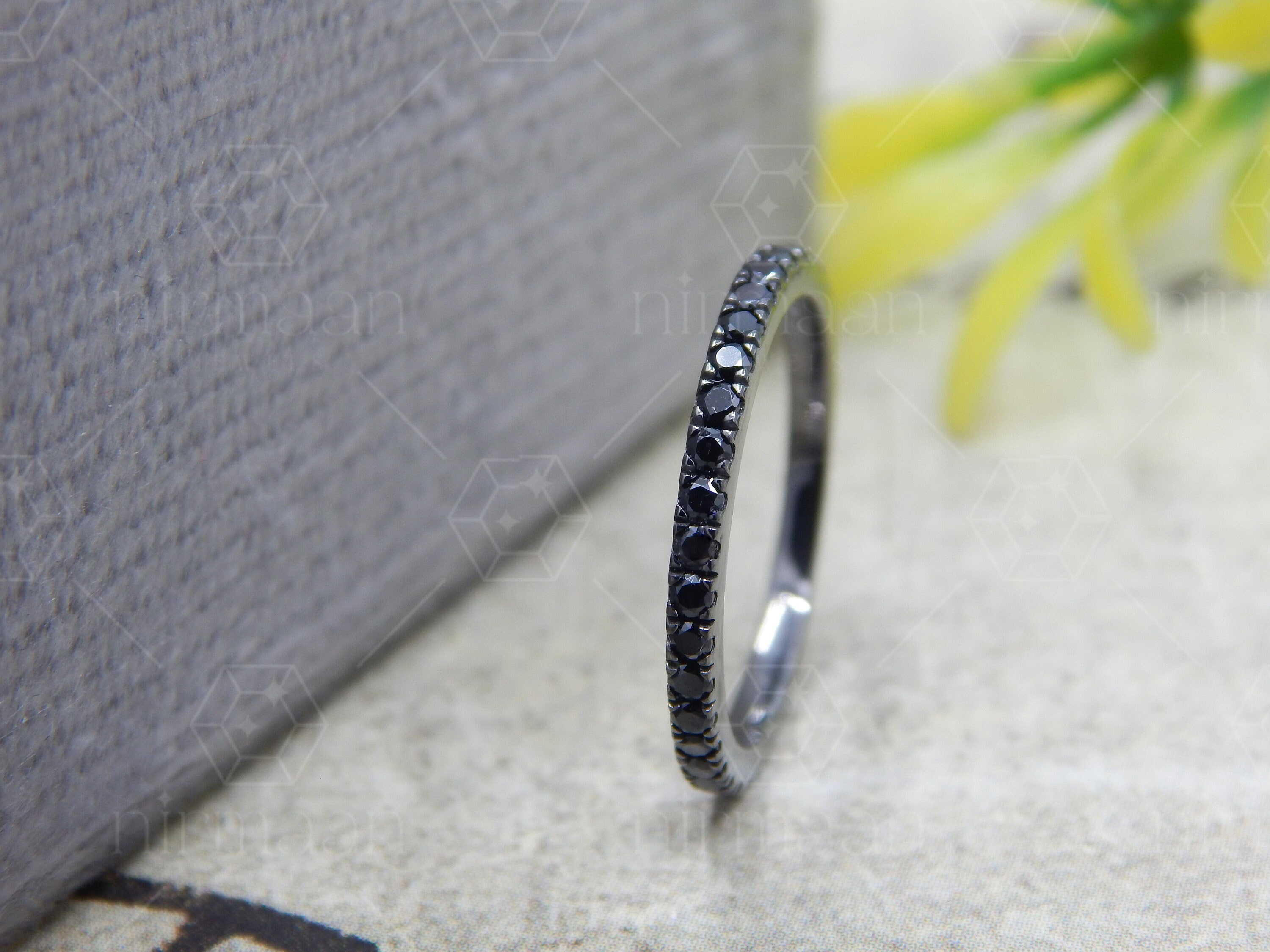Black Diamond Ring, Black Diamond Wedding Band, Onyx Black Full Eternity Anniversary Band, Stacking Band Silver, Unique Black Stone Ring