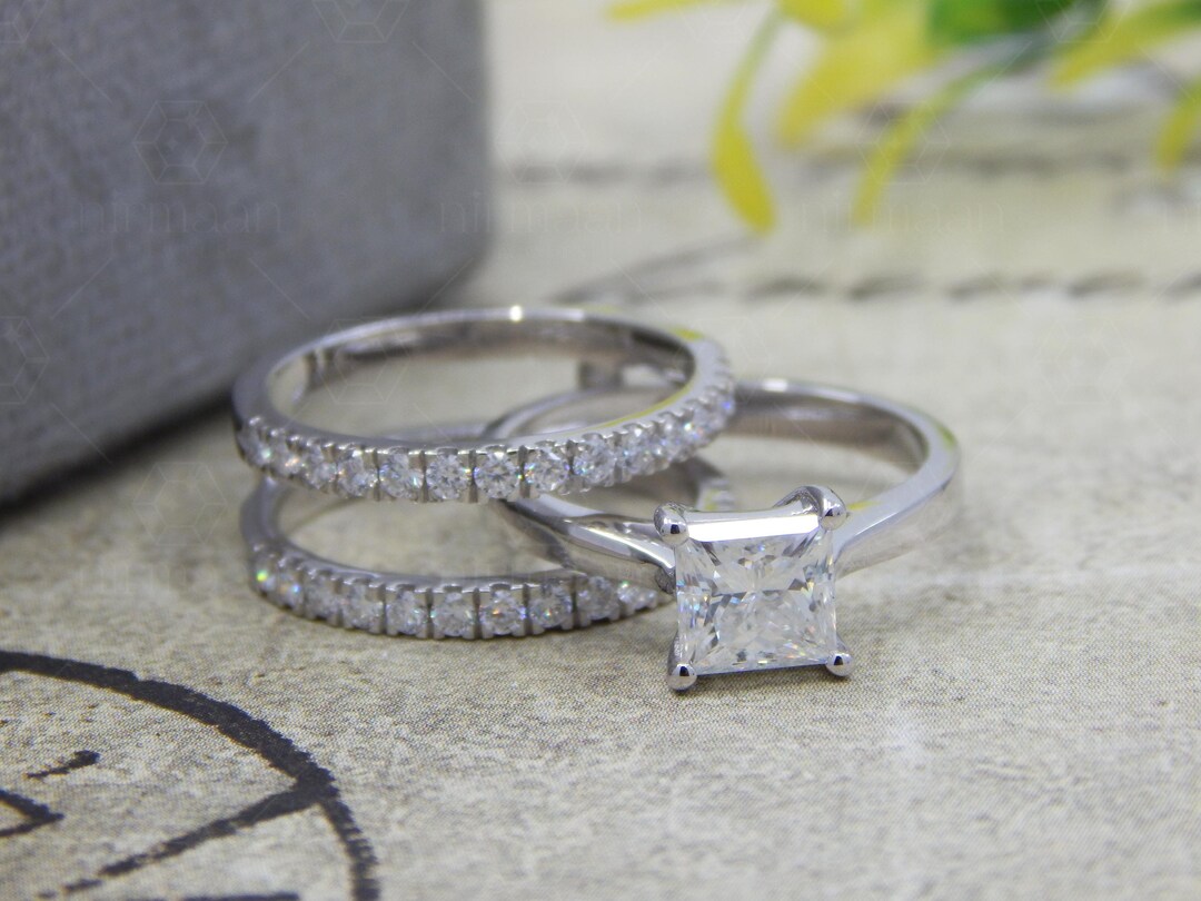 Princess Cut Moissanite Solitaire Wedding Ring Set, Engagement Ring ...