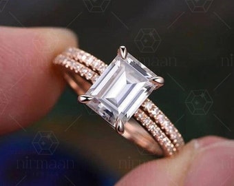 2.50 Ct Emerald Cut Moissanite Engagement Ring Set, Emerald Moissanite Two Piece Wedding Ring Set, 14K Rose Gold Half Eternity Band Women's