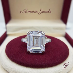 Three Stone Emerald Cut Ring, 3 Stone Engagement Ring, Big Stone 925 Silver Ring. Past Present Future Ring, Emerald Diamond Simulant Ring