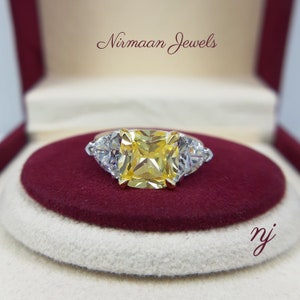 Cushion Cut Canary Yellow Solitaire Engagement Ring, Three Stone Diamond Simulant Ring, 925 Sterling Silver With Trillion Accents Ring