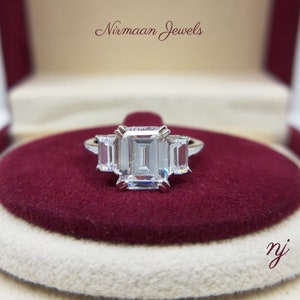 Three Stone Diamond Engagement Ring, 3 Stone Emerald Cut Silver Ring, Past Present Future Ring, 925 Silver Anniversary Gift For Her