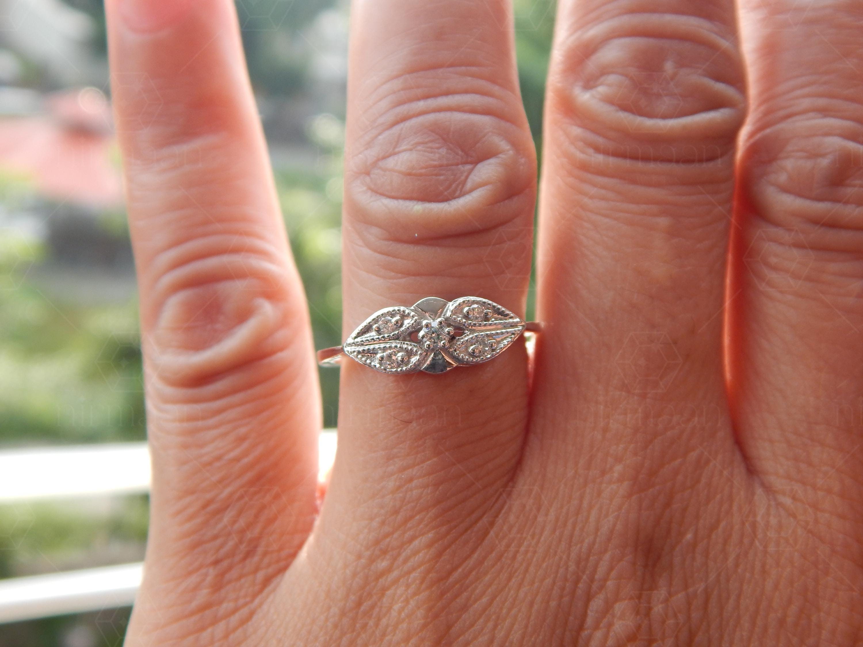 Art Deco Vintage Style Ring Women, Five Stone Engagement Ring, Round Moissanite Antique Ring Women, Minimalist Ring, Estate Jewelry Womens