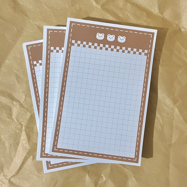 Cute 6x4 Trio Bear Note Pad - Checkered / Gridded Notepad - Decorative Memo and Notes / Stationery - Kawaii Memo Pad / Non-Sticky Notepad