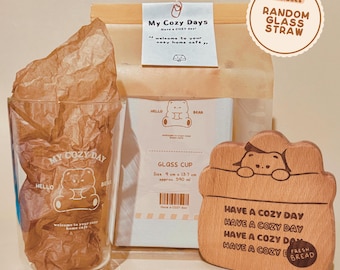 Glass Cup & Wooden Coaster SPECIAL w/ straw - Glassware - Kawaii - Cute Bear Design - Coffee Tea Juice Milk Water Matcha Drinkware Home Café