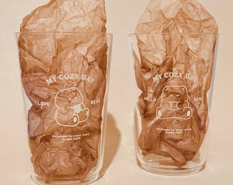 Cute ‘MY COZY DAY’ Glass Cup Set of 2 - Glassware - Kawaii - Cute Bear Design - Drinking Cup - Coffee Tea Juice Milk Water Drinkware Café