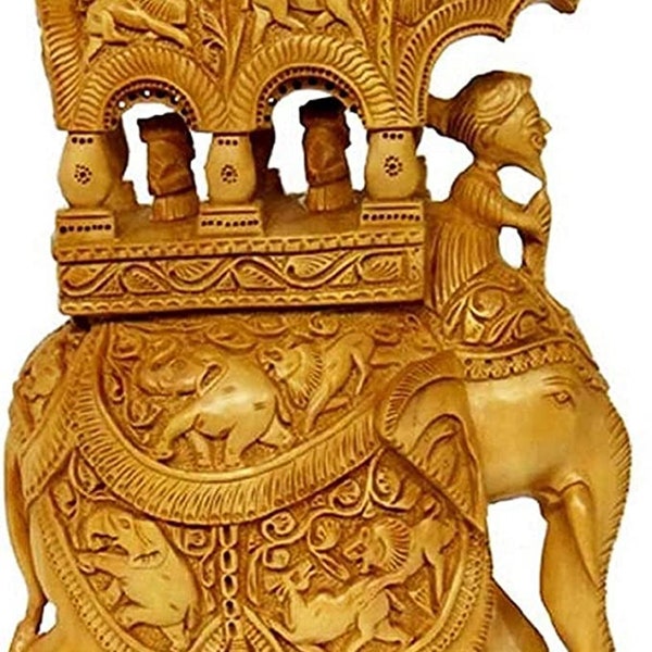 A Beautiful Handmade 8" Wood Carving Handmade Ambari Elephant Undercut Statue with Animal Figurines Showpiece Gifts