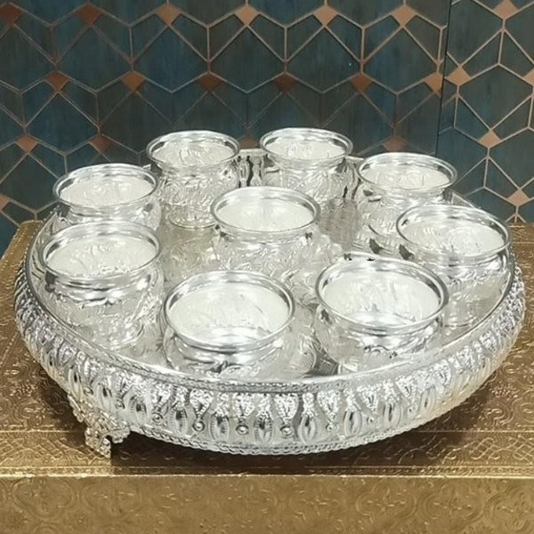 German silver pooja/ ice cream set/ snacks bowl/sweet bowl combo thali/ plate set - 1 plate with bowls