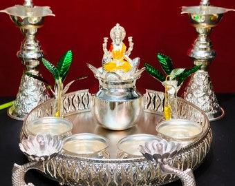 German silver combo pack of pooja thali set for house warming party / festivals/weddings