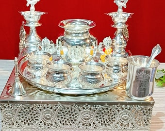 German silver pooja thali combo set with big stool for house warming, wedding, Diwali festival, gift item