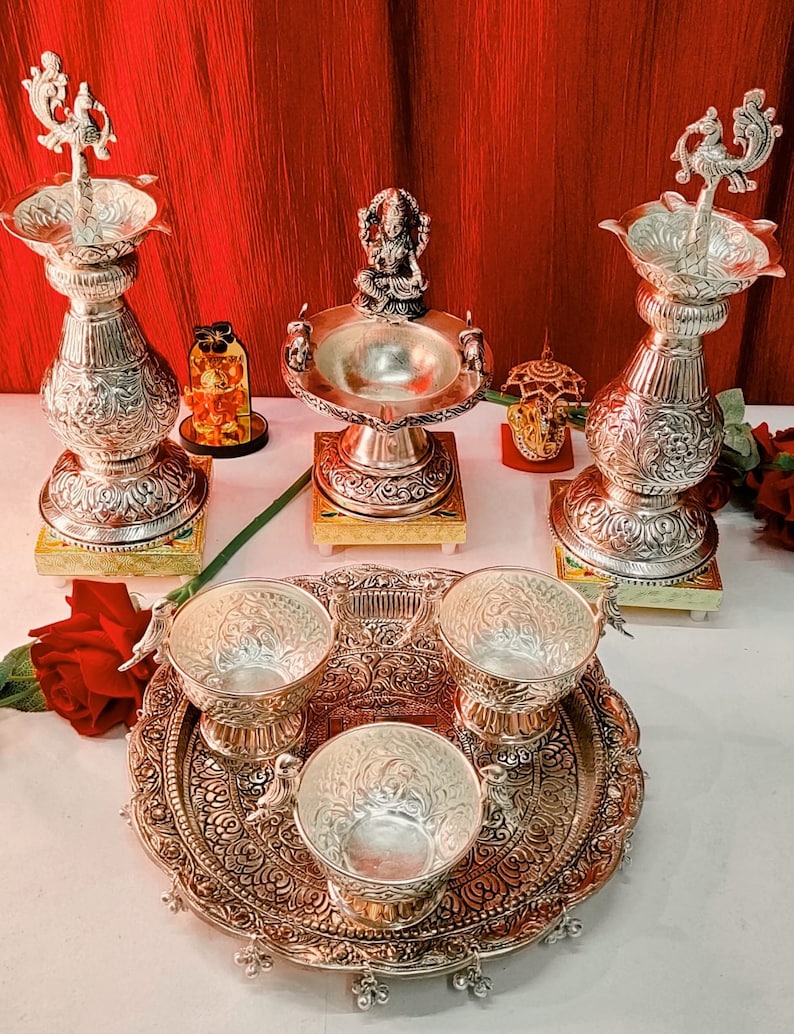 German Silver Pooja Plate Aarti Set for Wedding/ Festival / Gift With
