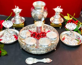 German silver pooja plate aarti set for wedding/ festival / gift with Laxmi Ganesh imprint
