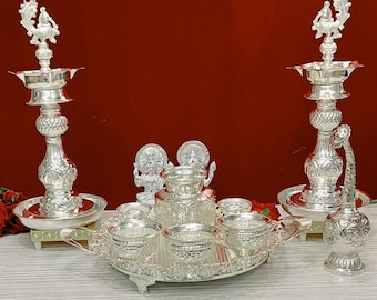 customize German silver Pooja thali set for house warming party/wedding/festivals