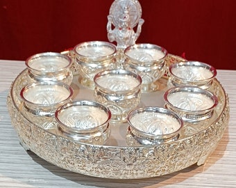 set of German silver fully carved round tray with stand & nakkashi bowl combo for dry fruits/desert/pooja thali set/ice-cream set/cup set