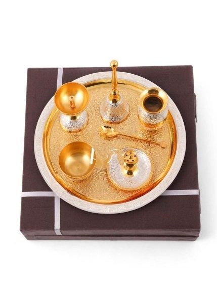 PUJA Gold Plated Brass Pooja Thali Plate With Brass Bell Pooja Aarti Thali  Set
