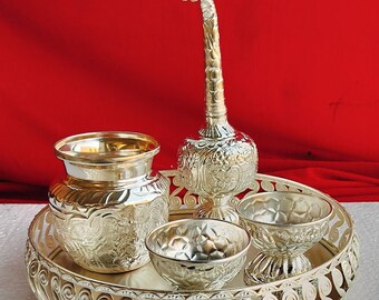 German silver combo pooja thali set for house warming pooja party/ wedding/ festival/gift item