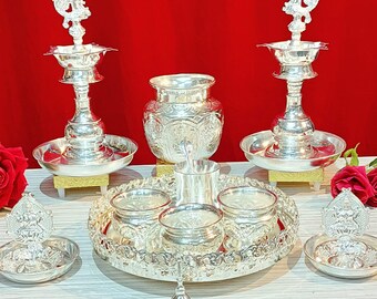 German silver combo pooja thali/ wedding plate set of 13 pieces set for house warming puja party