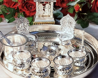 German silver pooja thali combo set for Diwali pooja, house warming puja party, wedding, festival, gift item