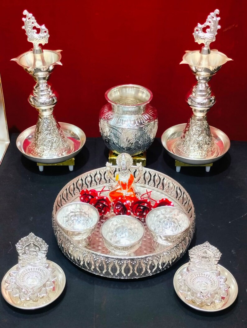 German Silver Pooja Thali Combo Set for House Warming/ Festival